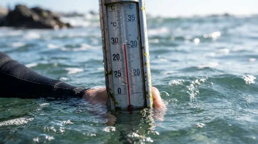 Close-up of thermometer in Pacific Ocean showing high temperature during El Niño