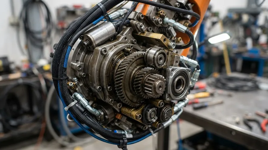 Close-up of robotic arm joint mechanism with precision engineering