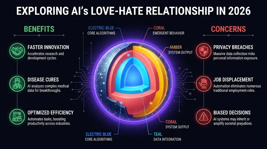 comparison of AI benefits versus concerns with contrasting icons
