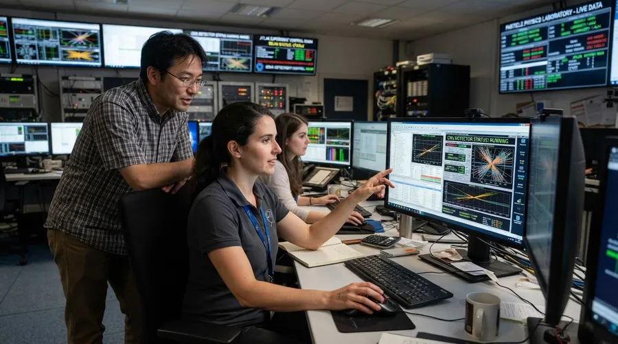 scientists in control room monitoring particle physics data