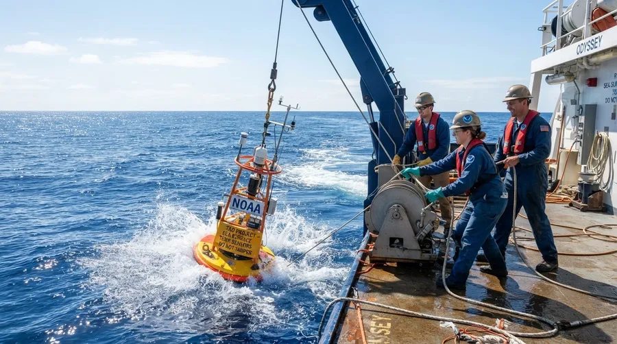 Scientists deploying ocean buoys with temperature sensors