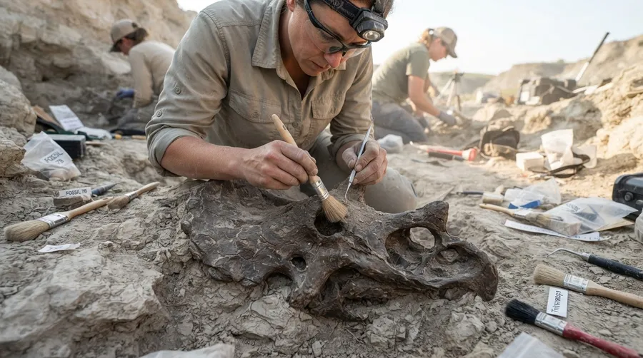 Paleontologists excavating Herugavialis cairensis skull