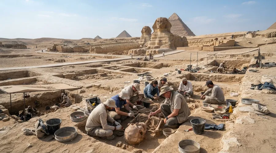 Dig site with Herugavialis cairensis skull and Sphinx