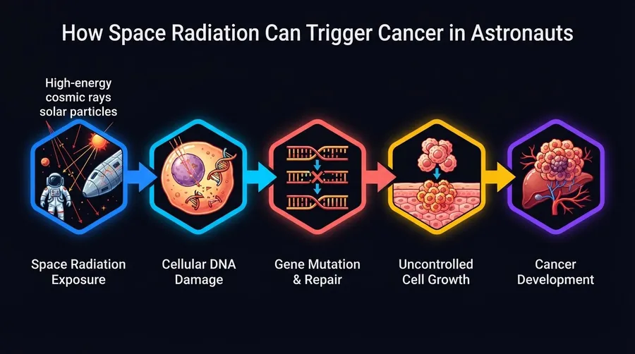 Flowchart of space radiation triggering cancer in astronauts