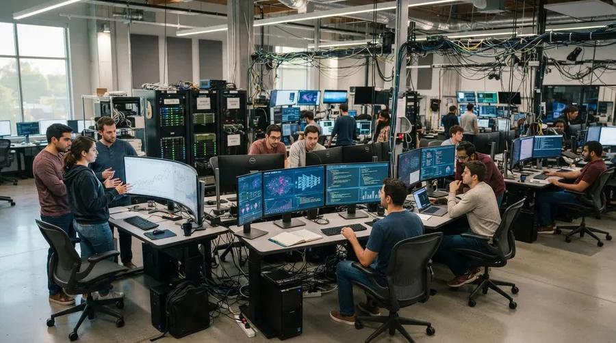 Research lab with workstations using AI system for deepfake detection
