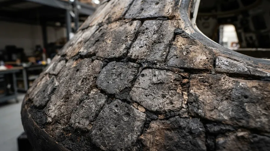 Close-up of SpaceX capsule heat shield showing wear and tear post re-entry