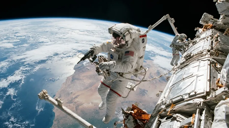 Astronaut conducting spacewalk with Earth in background and tools in use