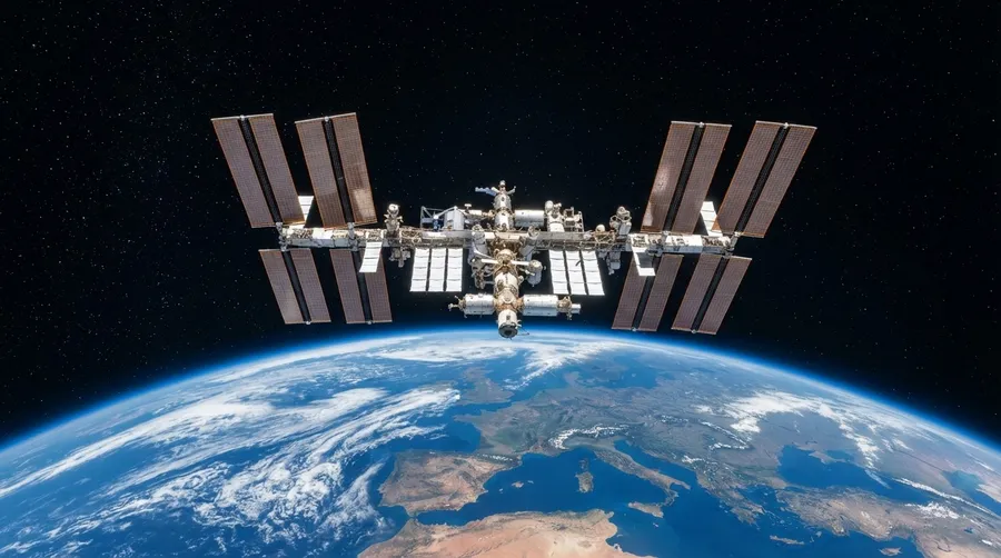 International Space Station orbiting above Earth showing full structure