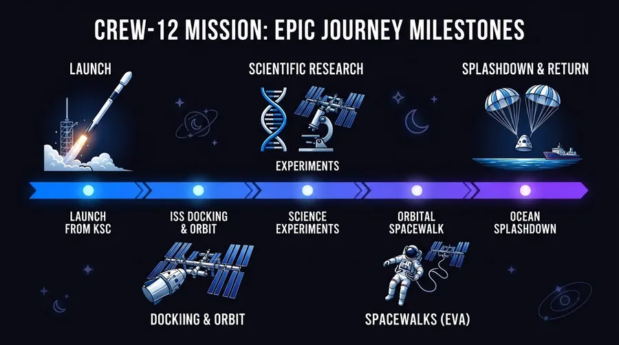 Timeline of Crew-12 mission milestones with icons for launch and experiments