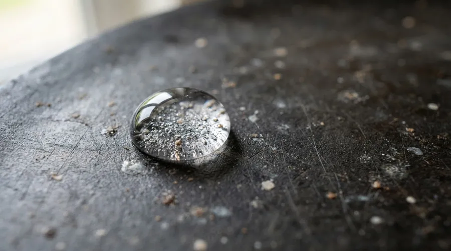 water droplet on nonstick pan with chemical residue