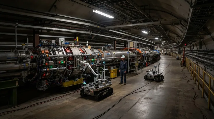Brookhaven National Laboratory with particle accelerator and operating robots