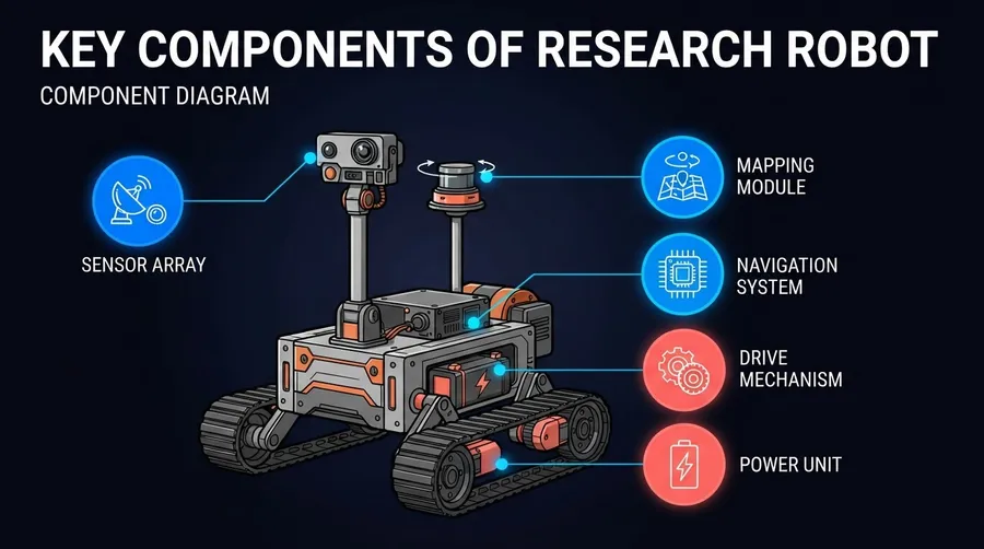 Diagram of robot components focusing on sensors, mapping, and navigation