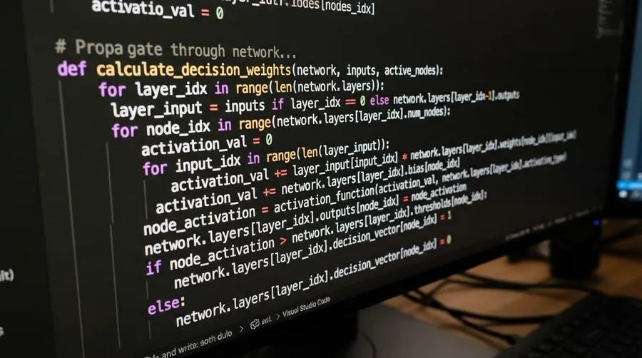 Close-up of AI decision-making code syntax and logic structures