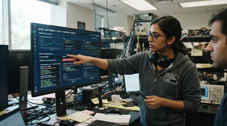 Scientist interacting with AI interface training refusal model
