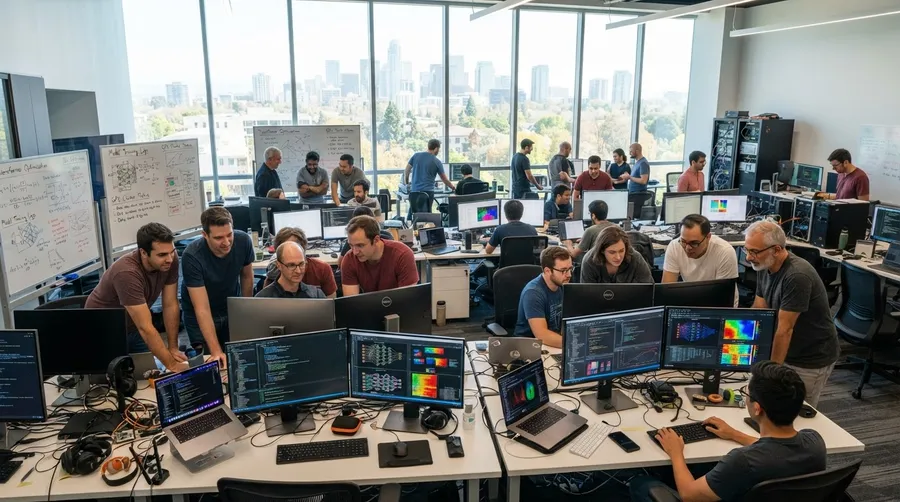 Tech lab with researchers developing AI models and data displays