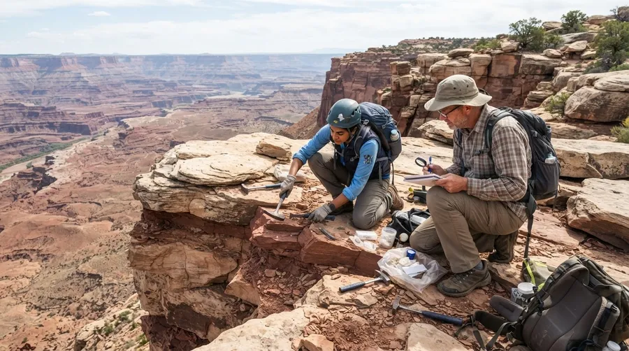 Geologists collecting rock samples at Grand Canyon cliff edge