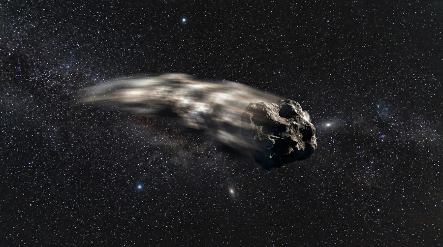 Asteroid rotation with motion blur against starry sky
