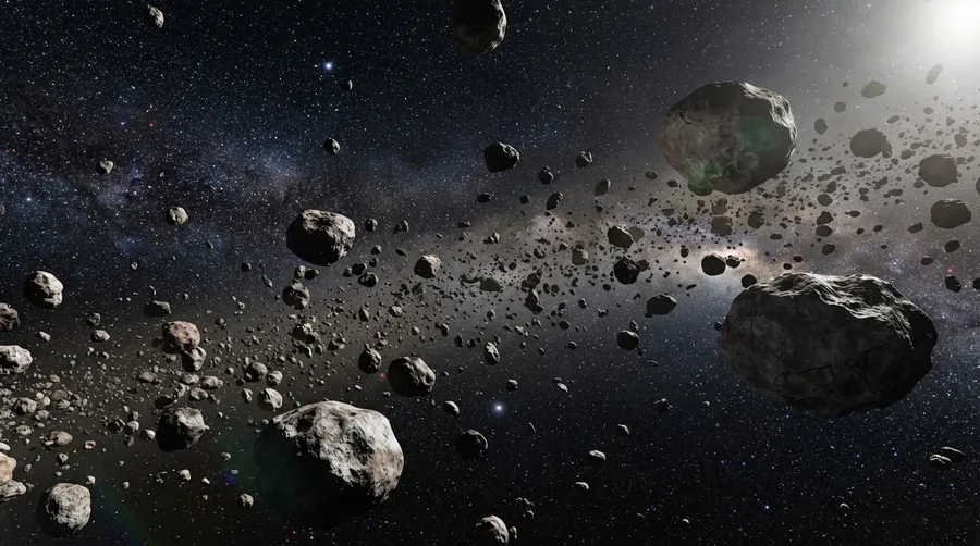 Asteroid belt in space showing varying sizes and vastness