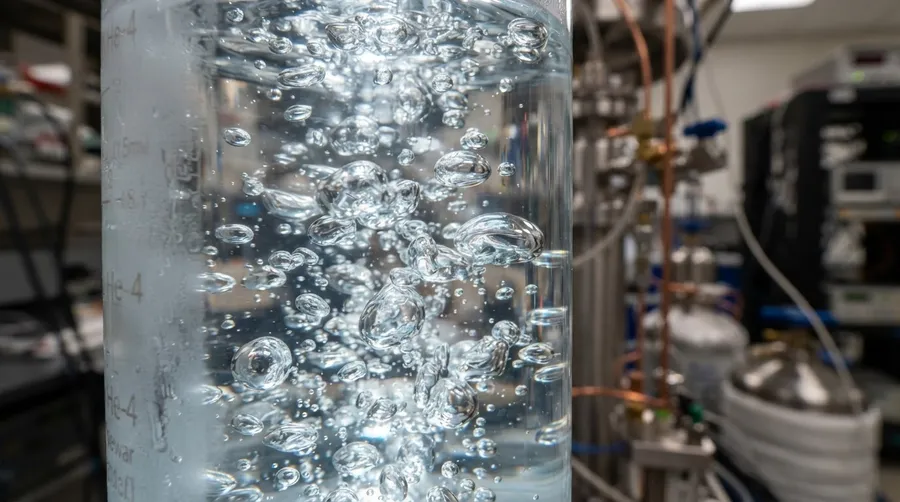 close-up of helium gas sample with bubbles in laboratory