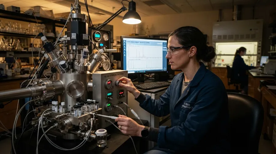 scientist analyzing cosmic helium with spectrometer