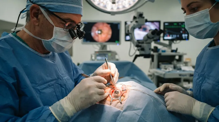 vision chip being implanted into patient's eye by surgeon