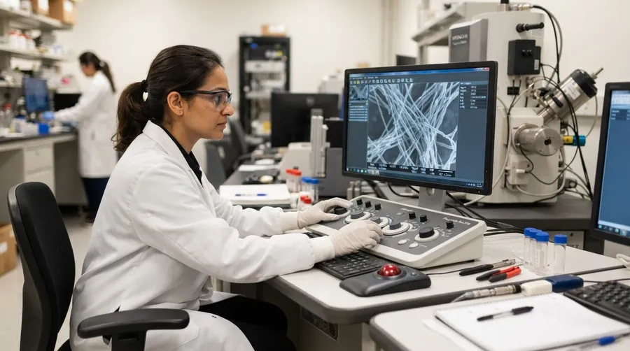 Scientist operating electron microscope with real-time data on screen