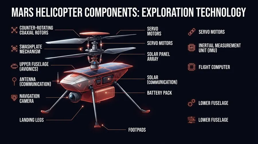 Component diagram of Mars helicopter with labeled parts and functions