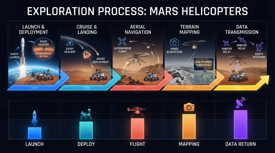 Process flow of Mars helicopter exploration from launch to data collection