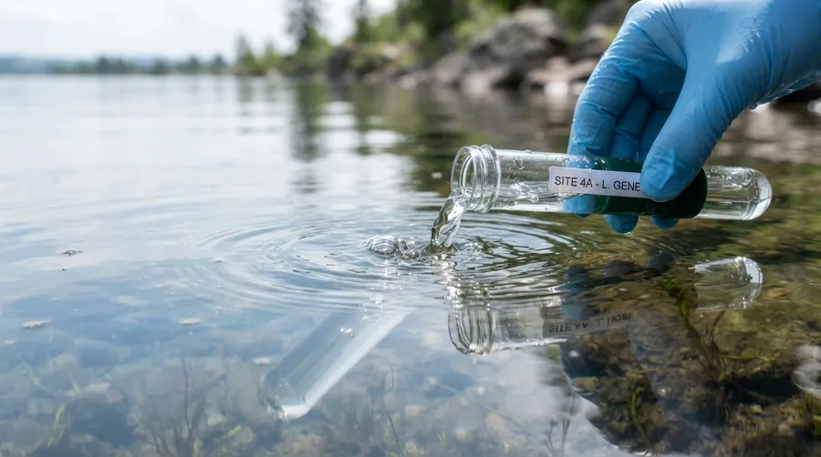 Close-up of water sample collection from lake