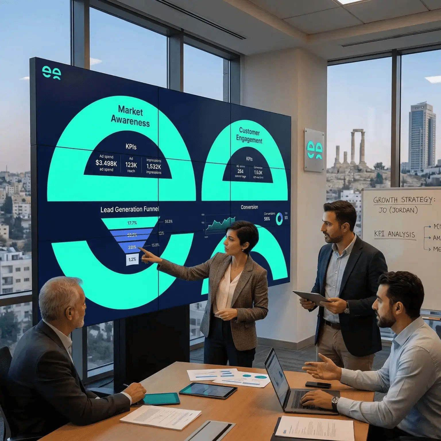 A professional team of digital marketers in a bright Amman office, analyzing real-time performance data on a large interactive screen, representing strategic consulting and data-driven growth.