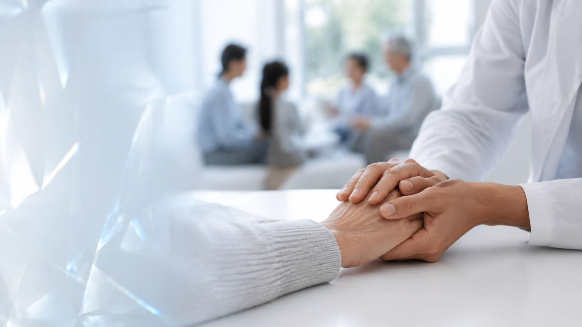 A clinician's hands resting on a patient's hands during a consultation