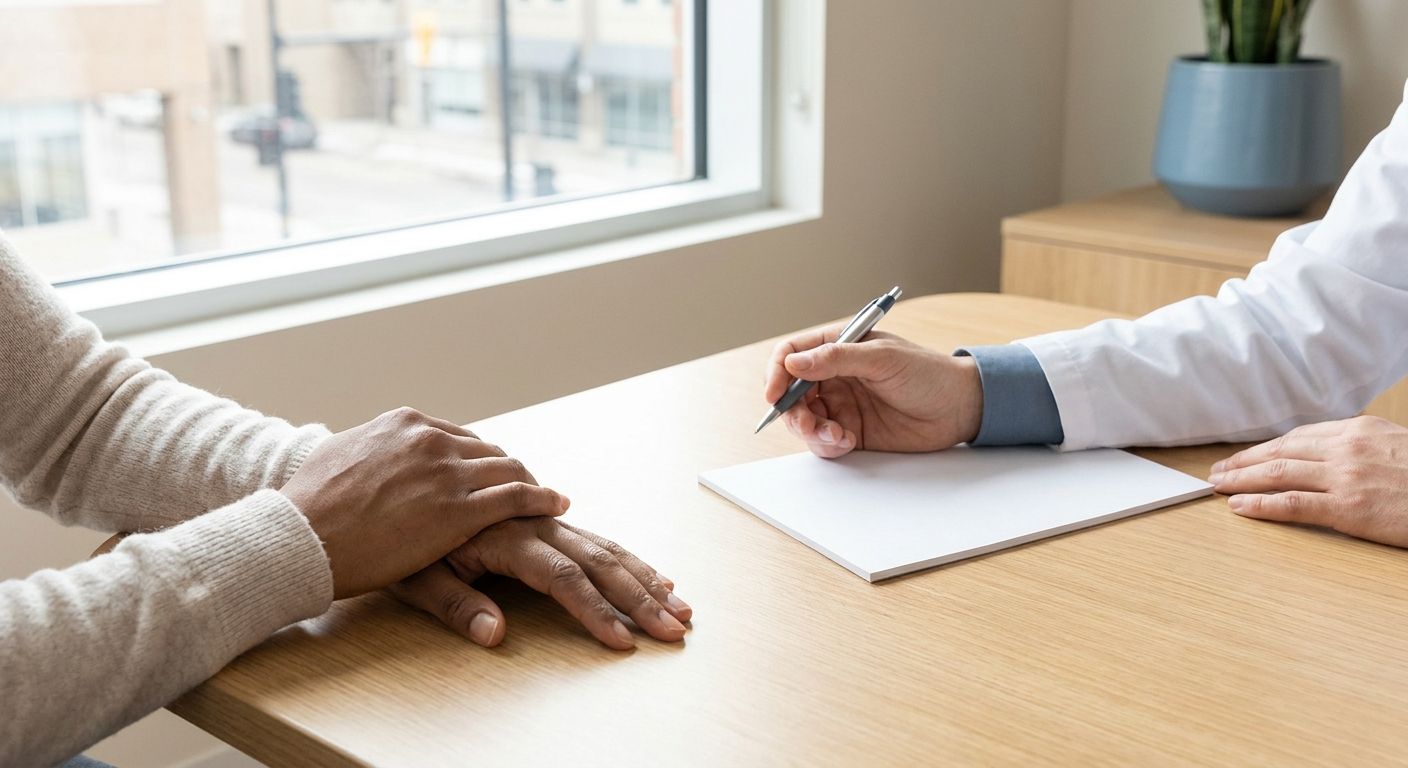 A close-up of a patient's hands resting calmly on a wooden desk across from a physician in a bright consulting room