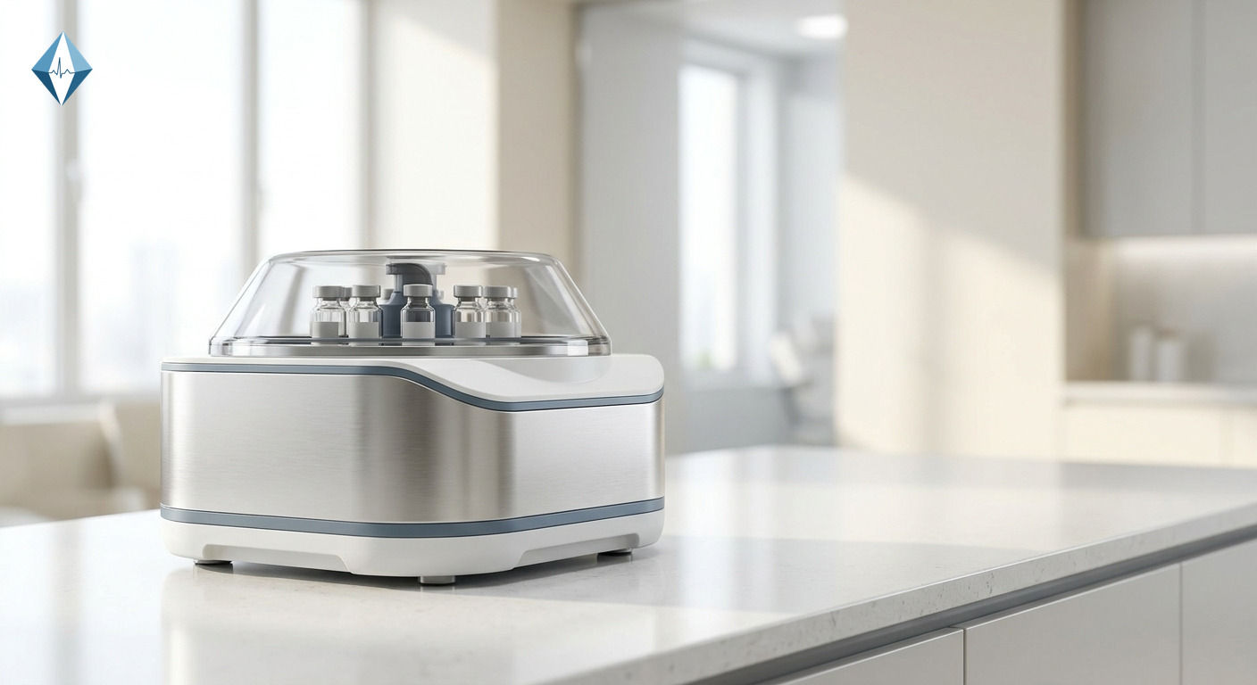 A close-up of a modern medical centrifuge machine resting on a clean