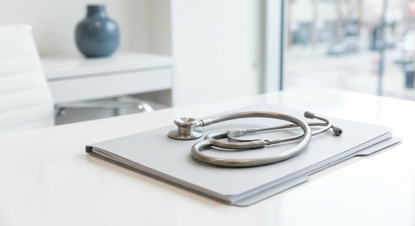 A professional medical scene showing a doctor's stethoscope resting on a closed medical chart on a sleek white examination table