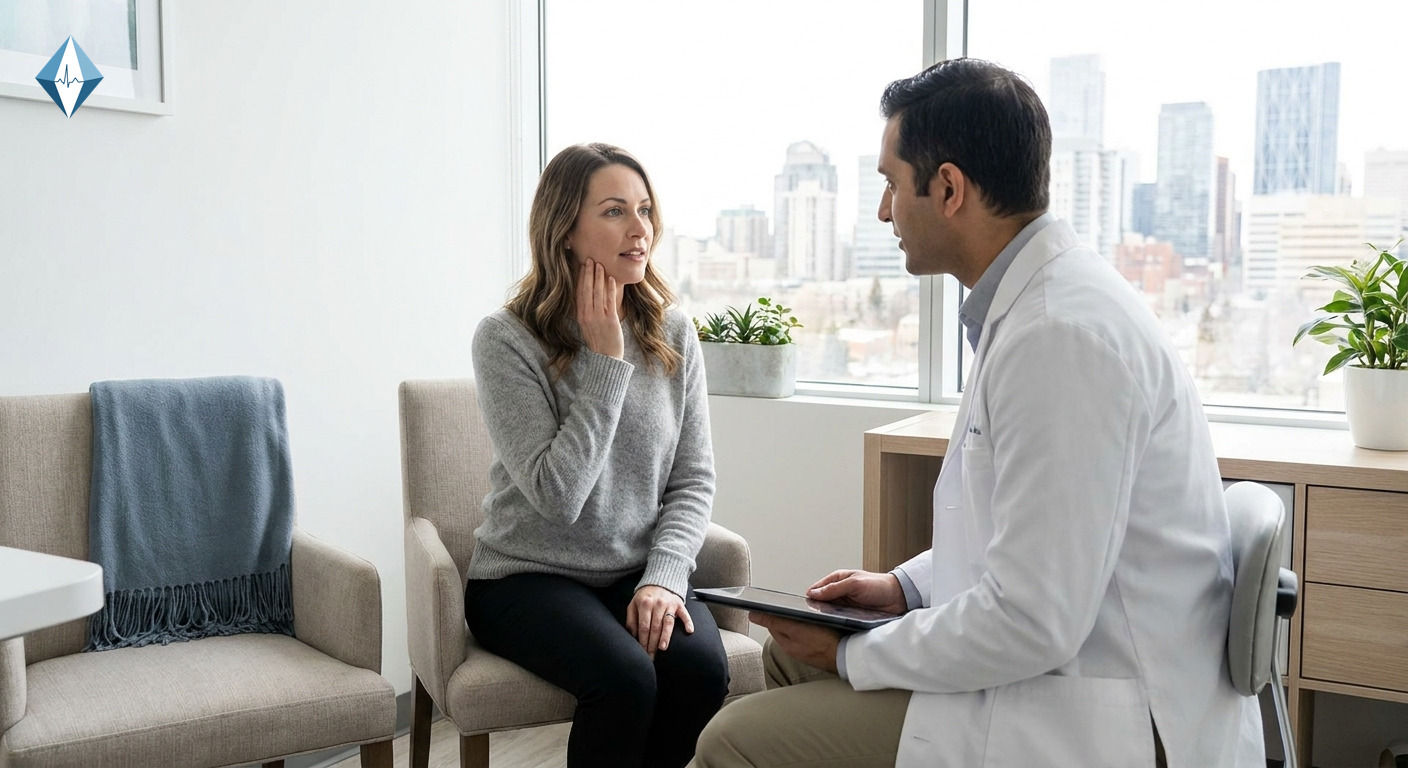 A professional textless medical visual showing a calm female patient in a modern