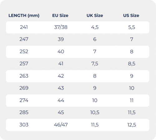 Polyver safety boot size chart - adults