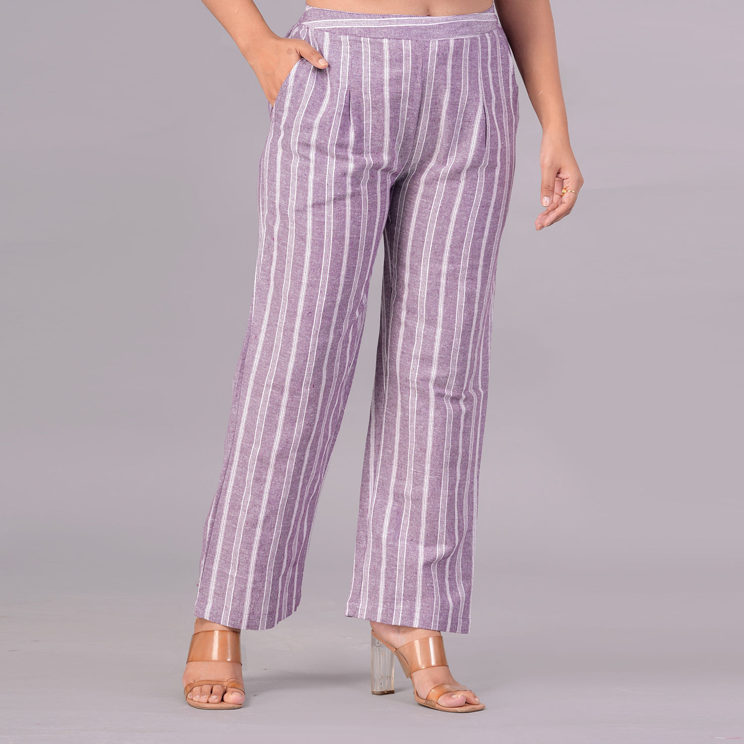 Wide Leg Women Striped Cotton Baggy Purple Pants