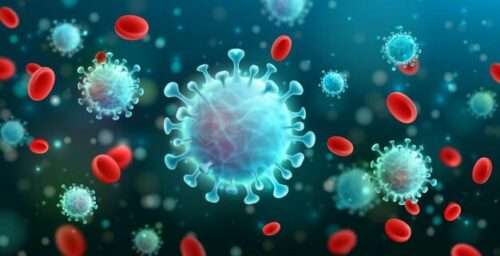 o coronavirus  ncov e o fundo do virus com celulas da doenca e celulas vermelhas do sangue