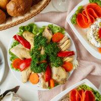 boiled chicken  with vegetable  top view
