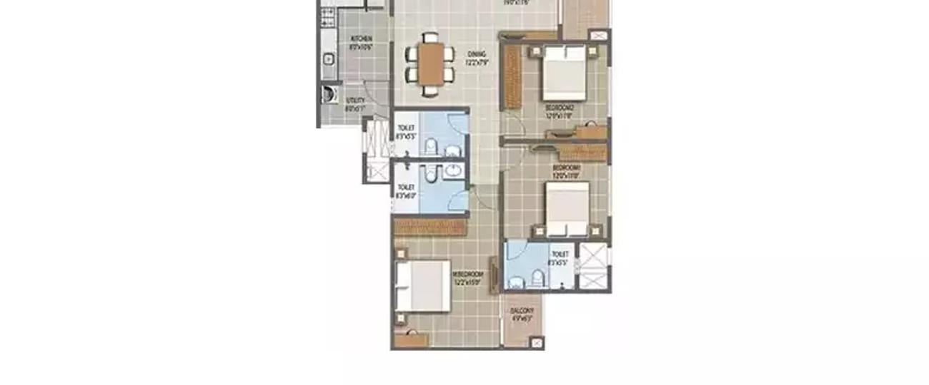 3 BHK Apartment 1630 Sq.ft Purva The Waves