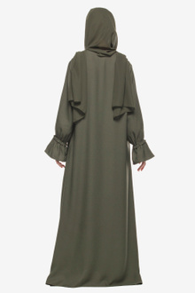 Green Ruched Sleeve Open Abaya