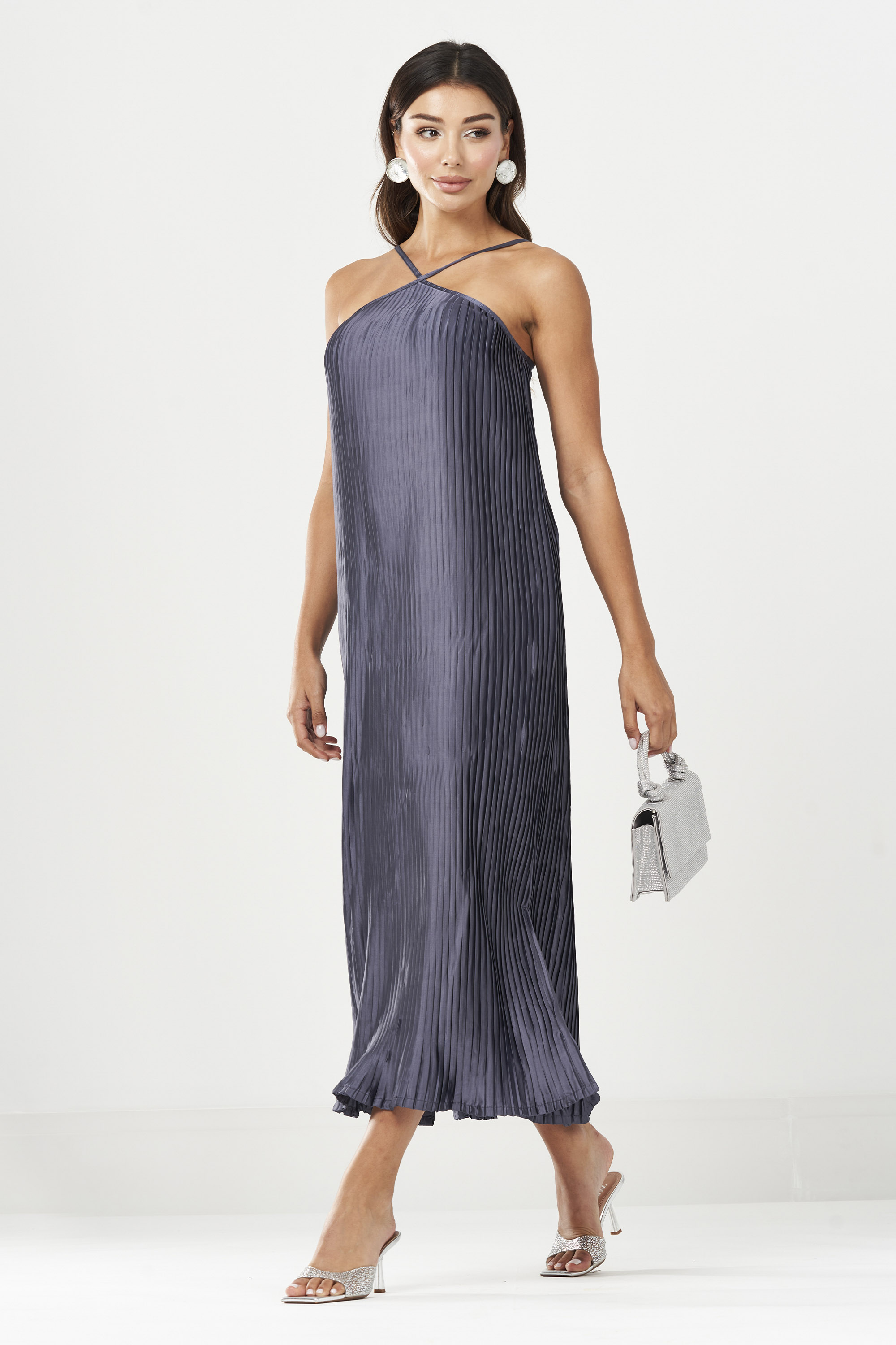 Shop Pleated Halter Neck Slip Dress Online in UAE