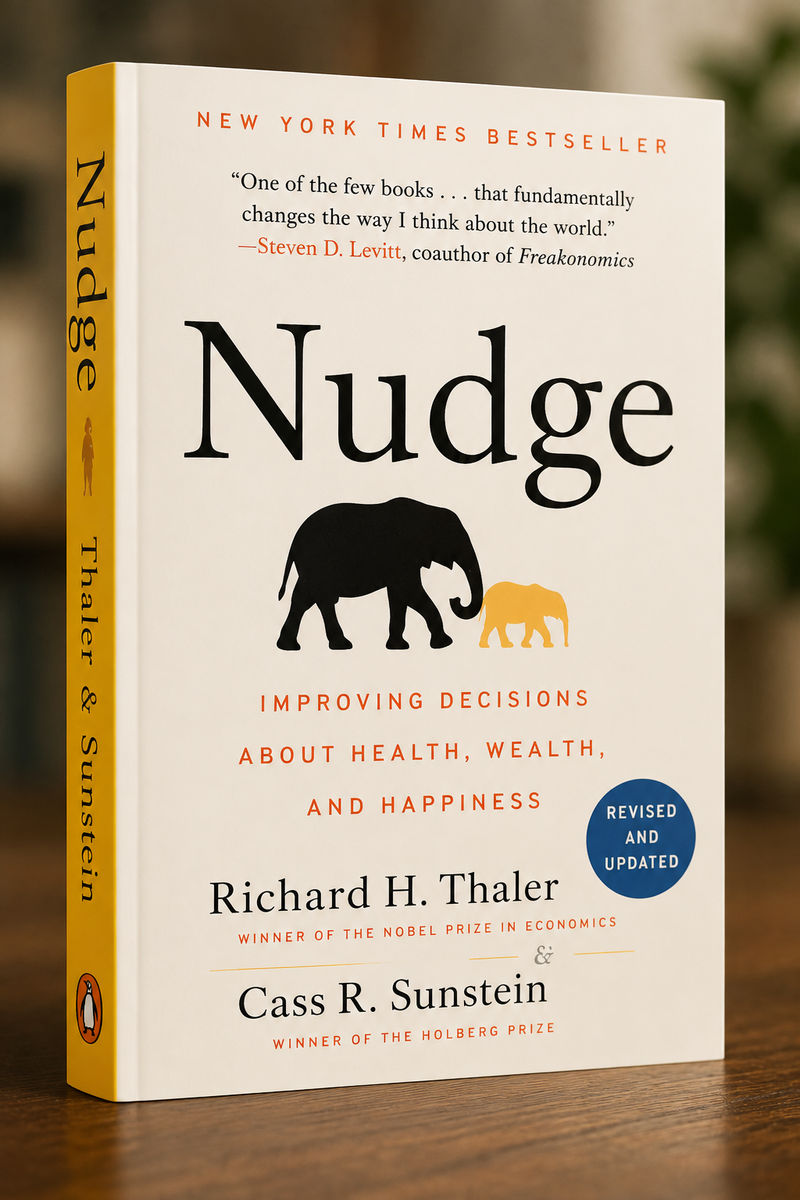 Nudge by Richard Thaler and Cass Sunstein book cover — libertarian paternalism and choice architecture