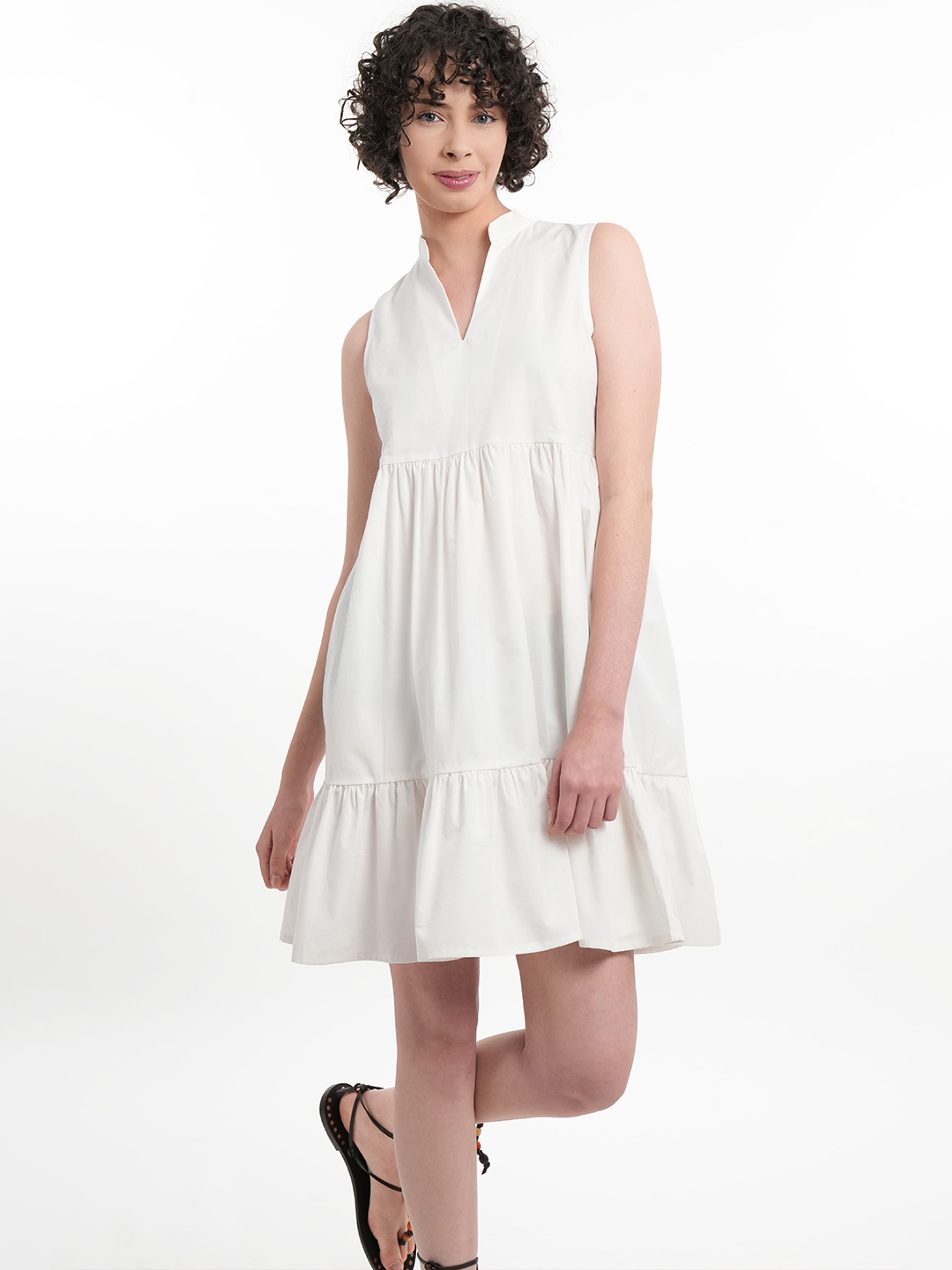 Sleeveless Tiered Gathered White Dress