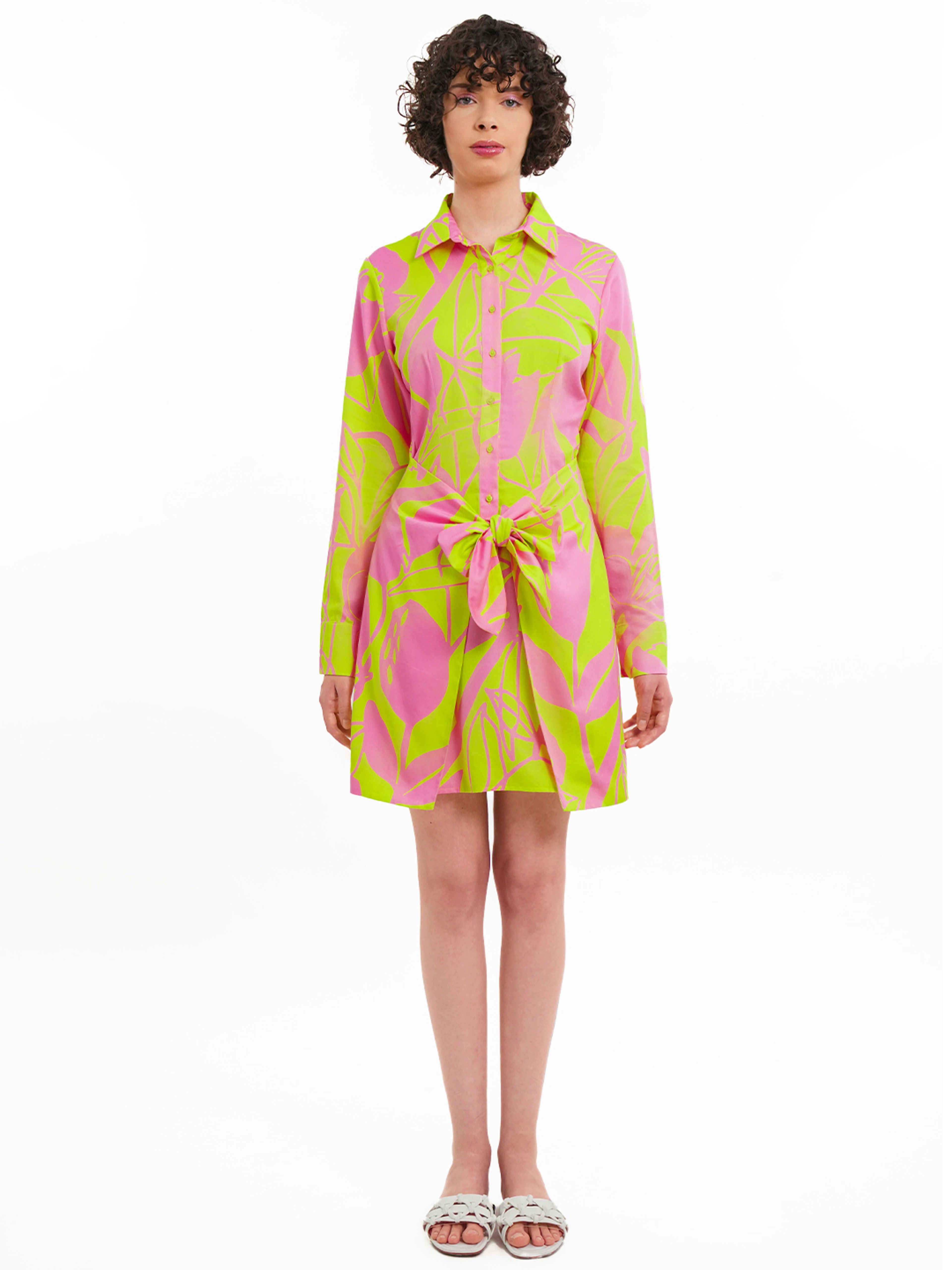 Neon Floral Print Tie-up Shirt Dress