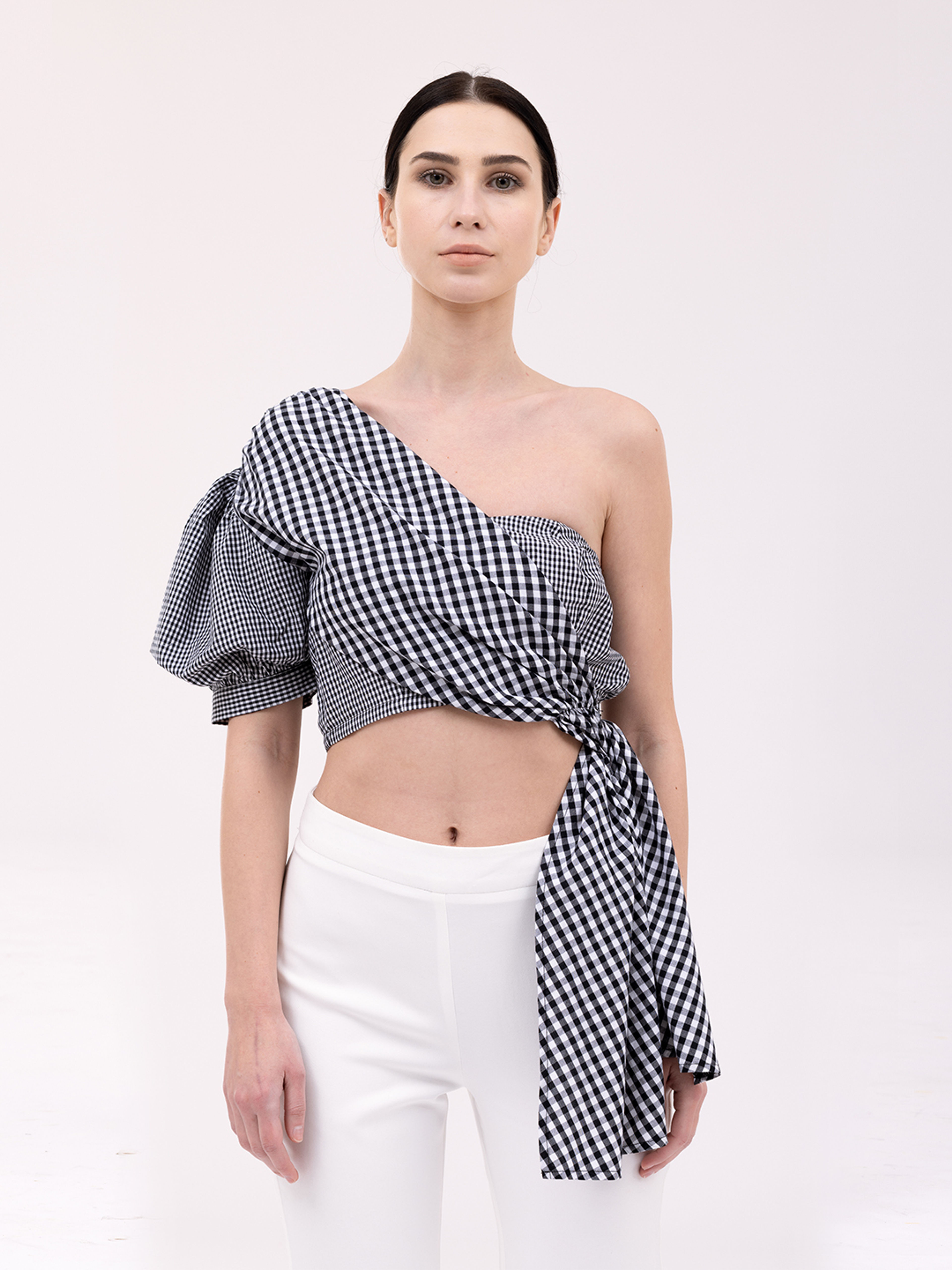 Strappy Black and White Gingham Tie Shirt