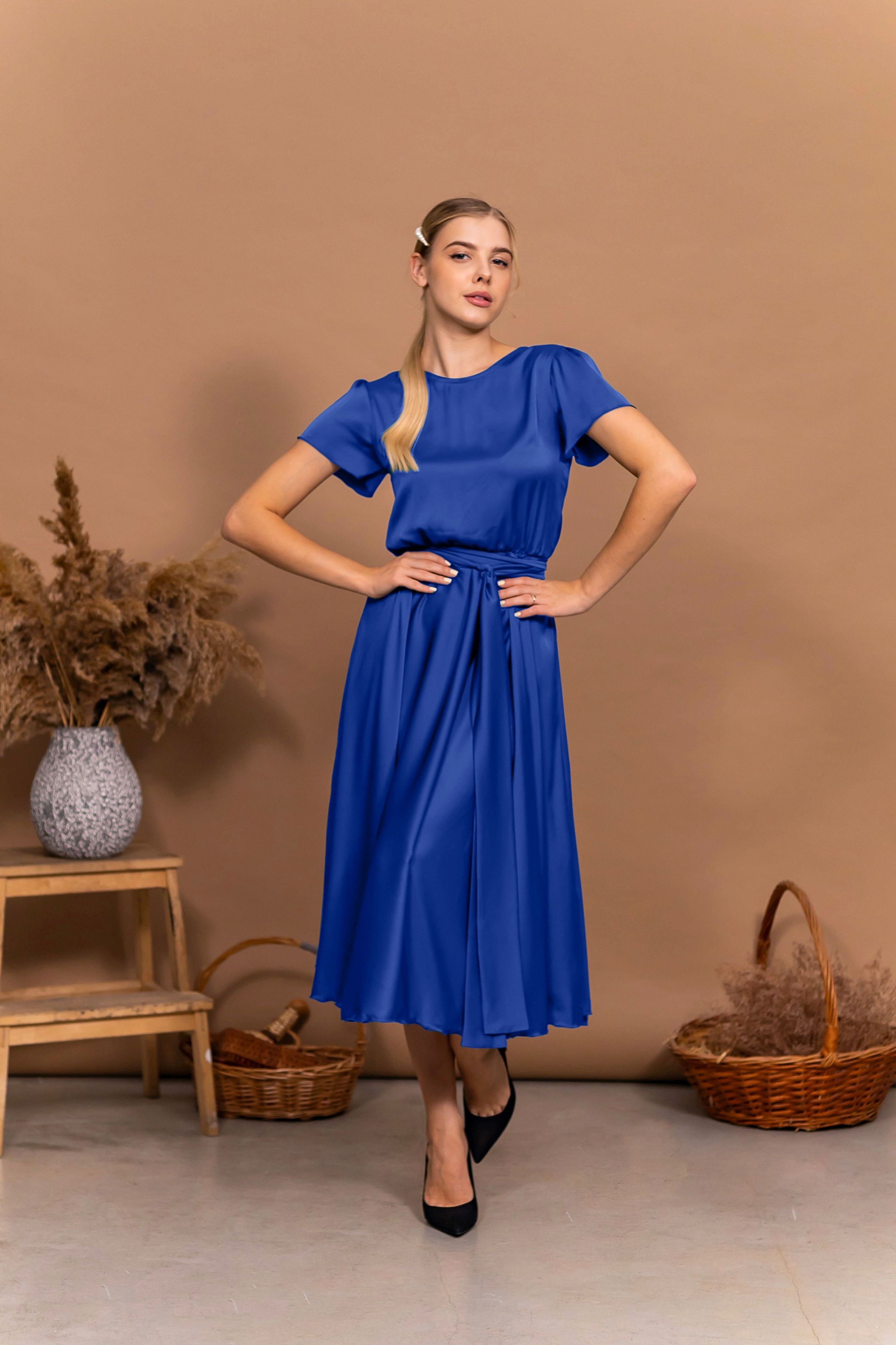 Electric Blue Satin Midi Dress Custom Made Women's Suits, Dresses