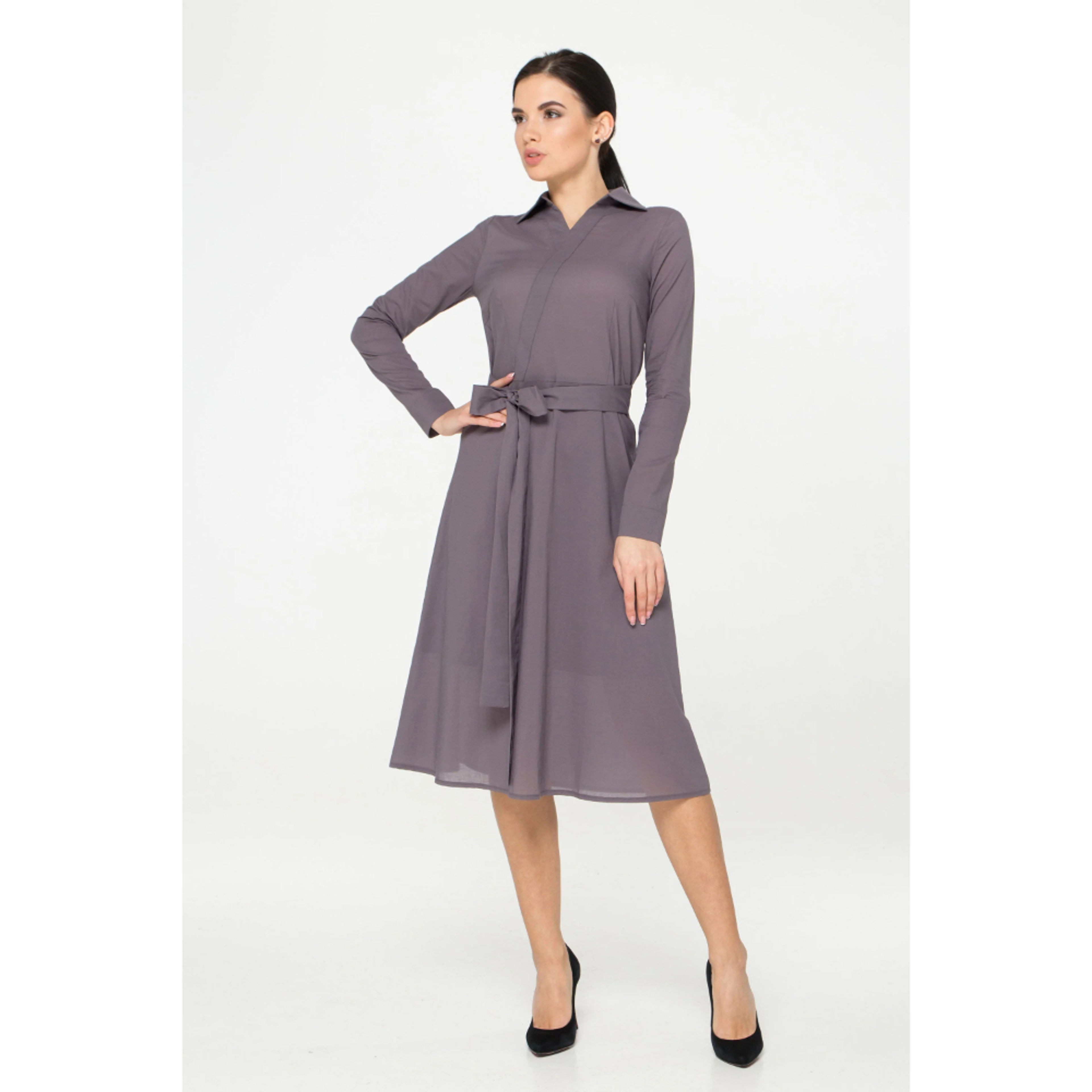 Long Sleeve Cotton Midi Gray Dress