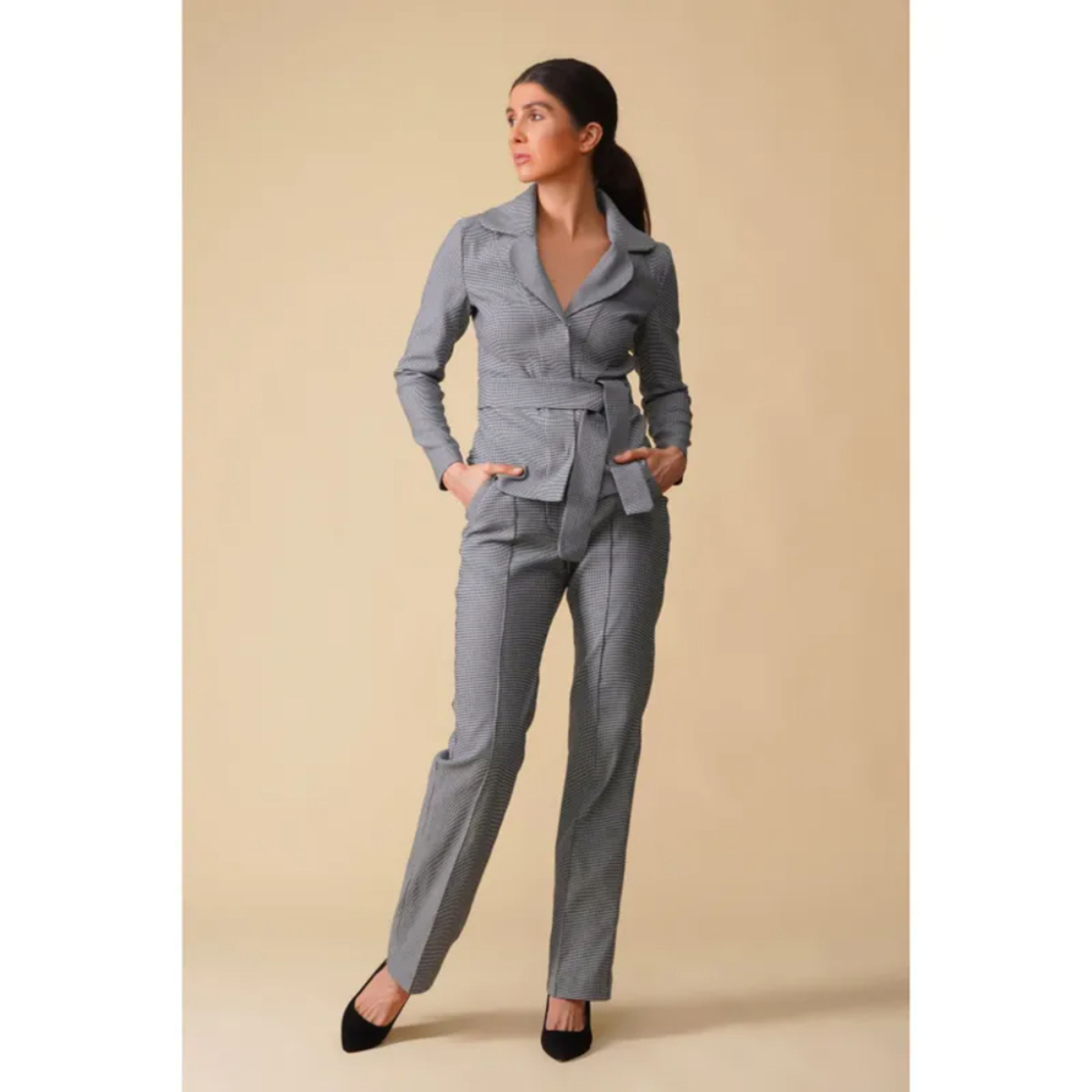 Houndstooth Jersey Gray Pant Suit