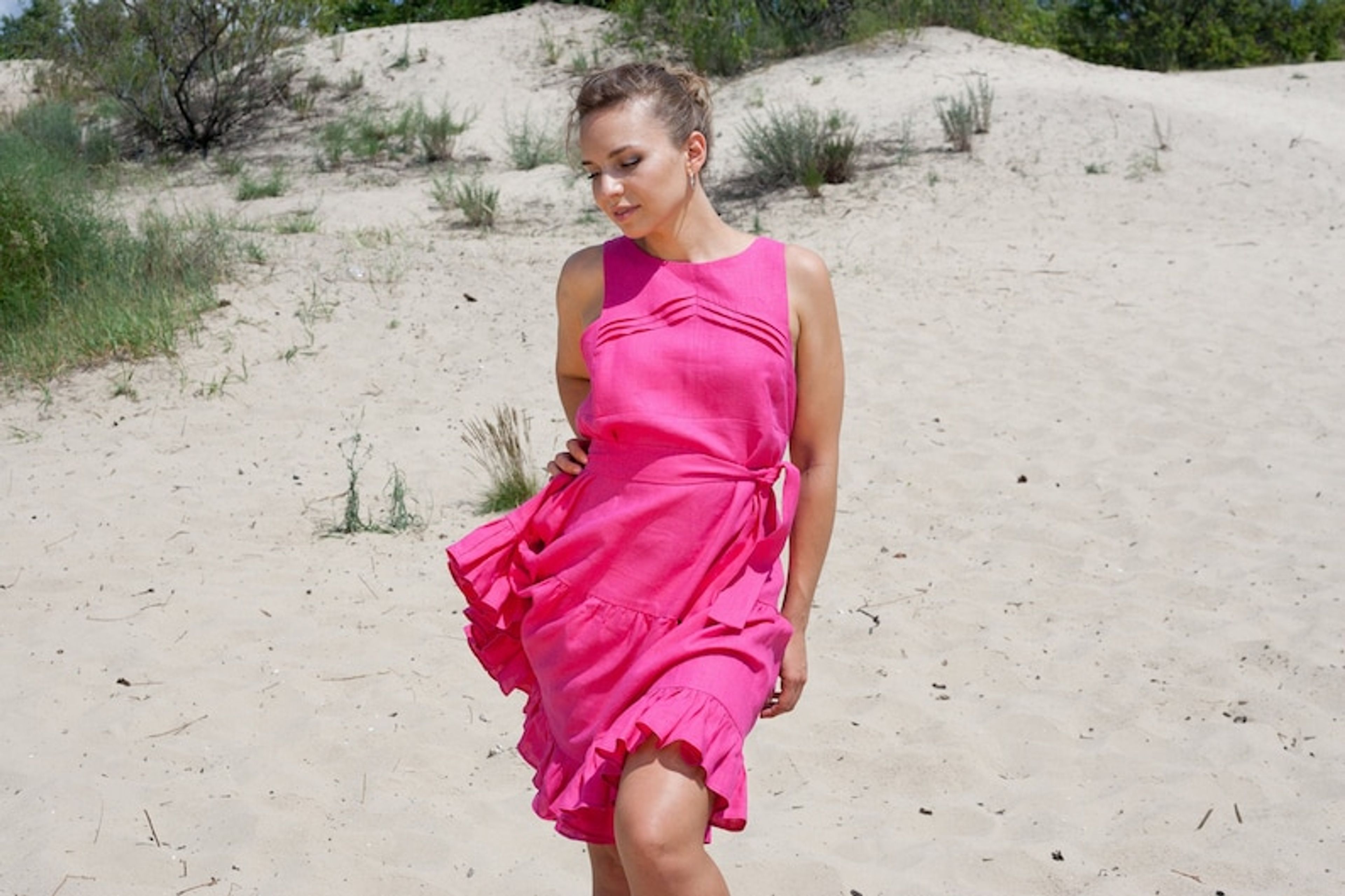 Fuchsia Pink Frilled Linen Dress